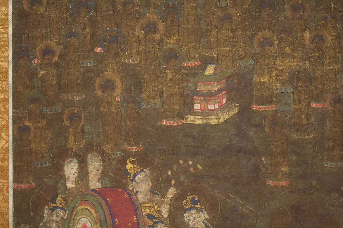 Descent and Return of Amida to Western Paradise with a Believer's Soul (Gōshō mandara), Hanging scroll; ink and color on silk, Japan