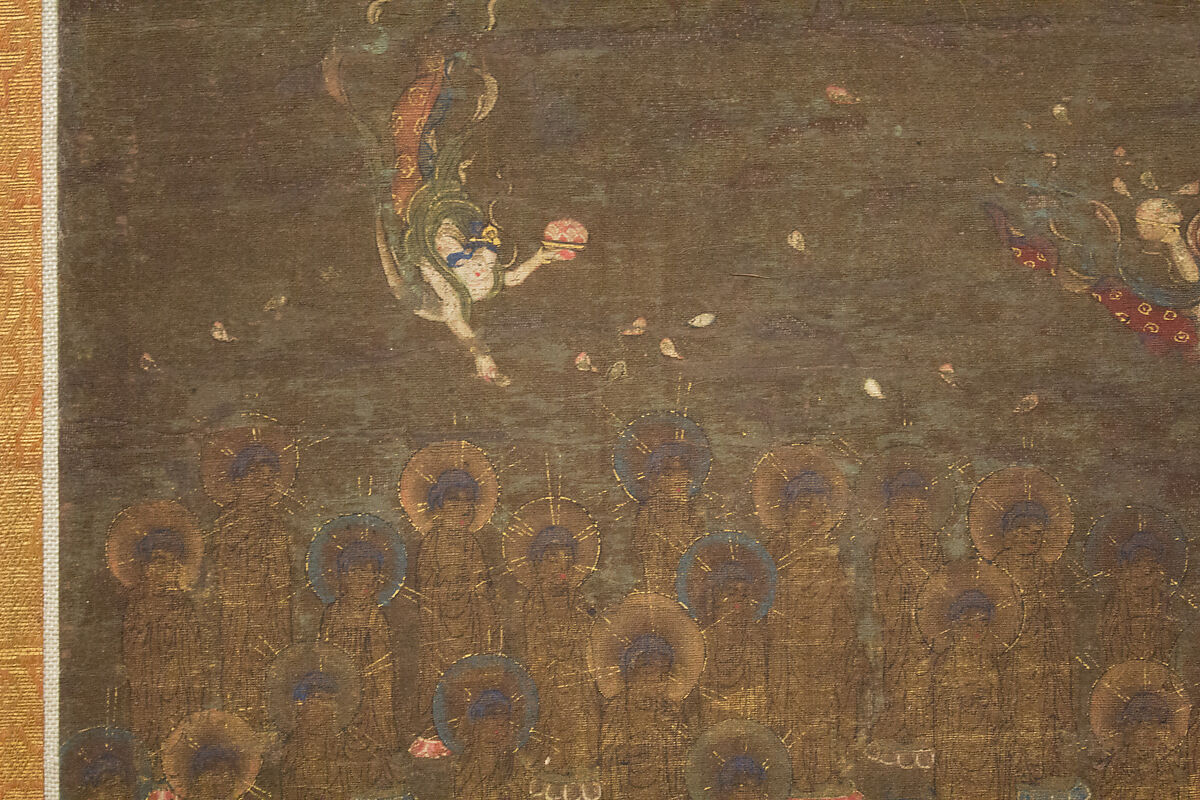 Descent and Return of Amida to Western Paradise with a Believer's Soul (Gōshō mandara), Hanging scroll; ink and color on silk, Japan