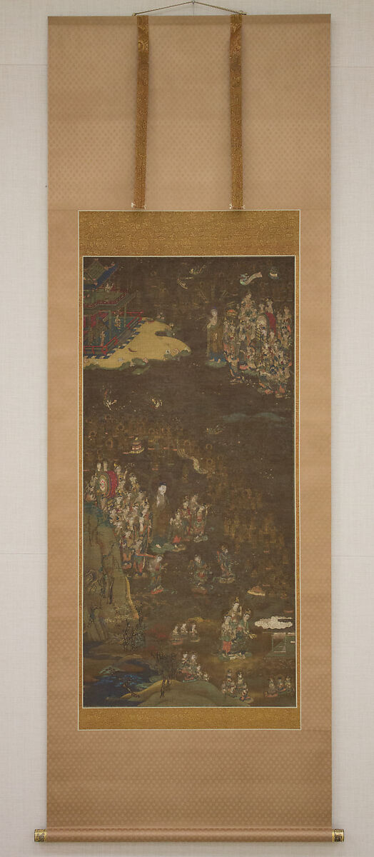 Descent and Return of Amida to Western Paradise with a Believer's Soul (Gōshō mandara), Hanging scroll; ink and color on silk, Japan
