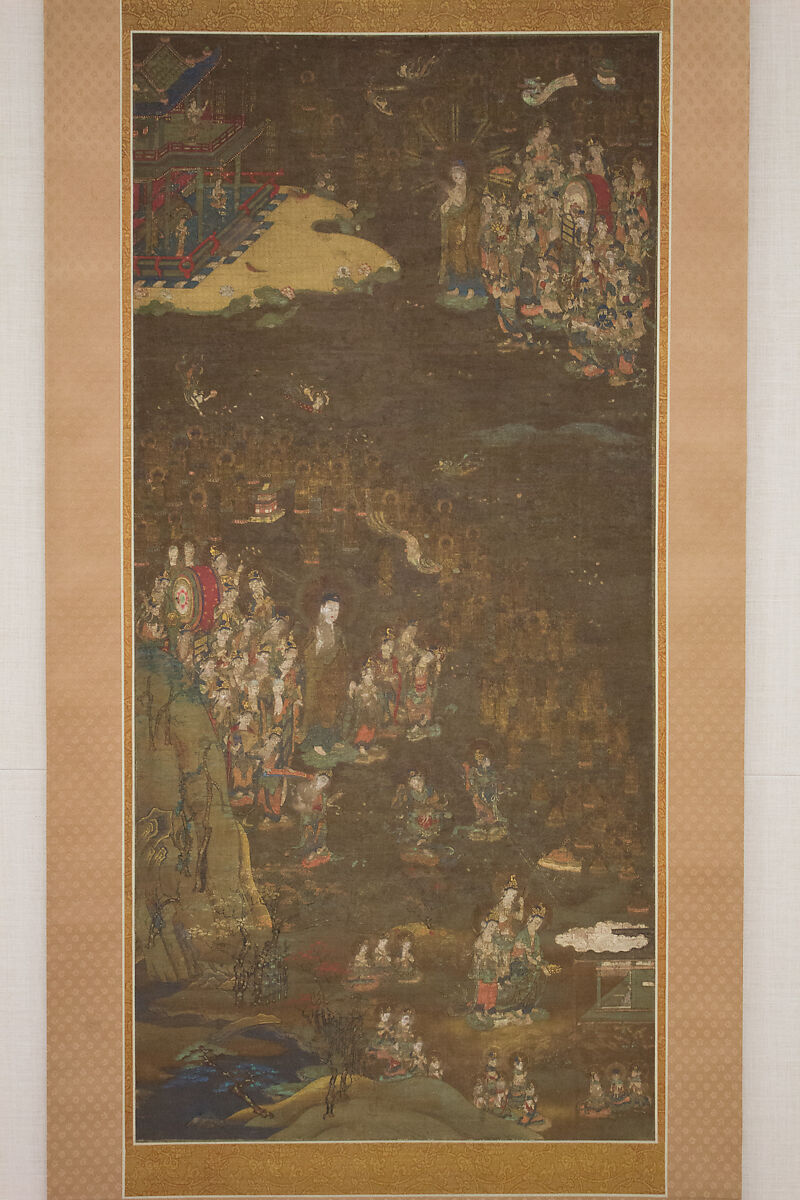 Descent and Return of Amida to Western Paradise with a Believer's Soul (Gōshō mandara), Hanging scroll; ink and color on silk, Japan