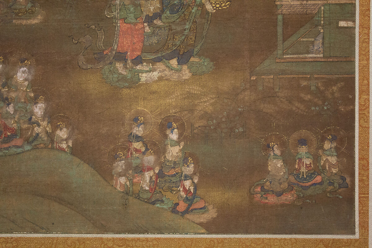 Descent and Return of Amida to Western Paradise with a Believer's Soul (Gōshō mandara), Hanging scroll; ink and color on silk, Japan