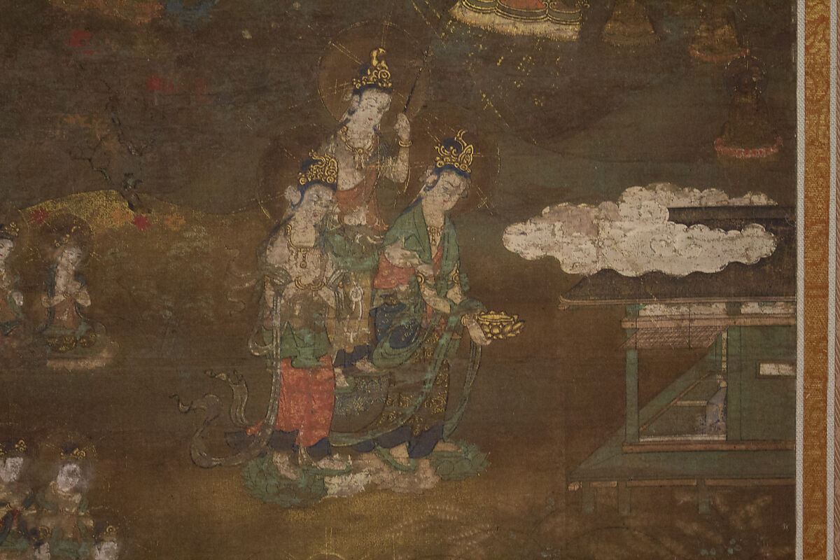 Descent and Return of Amida to Western Paradise with a Believer's Soul (Gōshō mandara), Hanging scroll; ink and color on silk, Japan