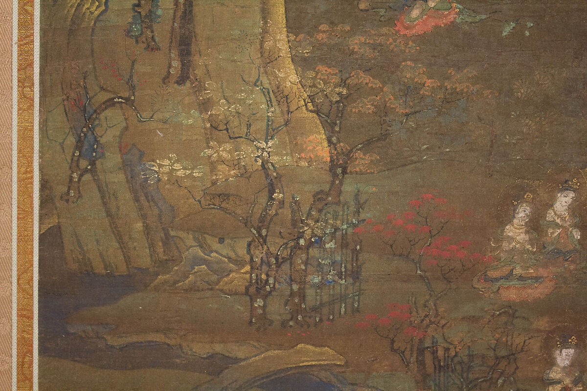Descent and Return of Amida to Western Paradise with a Believer's Soul (Gōshō mandara), Hanging scroll; ink and color on silk, Japan
