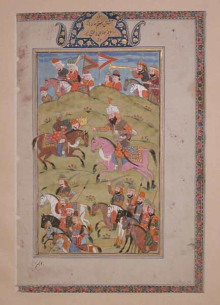 "Rustam Kills the Commander of the Dehz", Folio from a Shahnama (Book of Kings), Abu'l Qasim Firdausi (Iranian, Paj ca. 940/41–1020 Tus), Ink, opaque watercolor, silver, and gold on paper