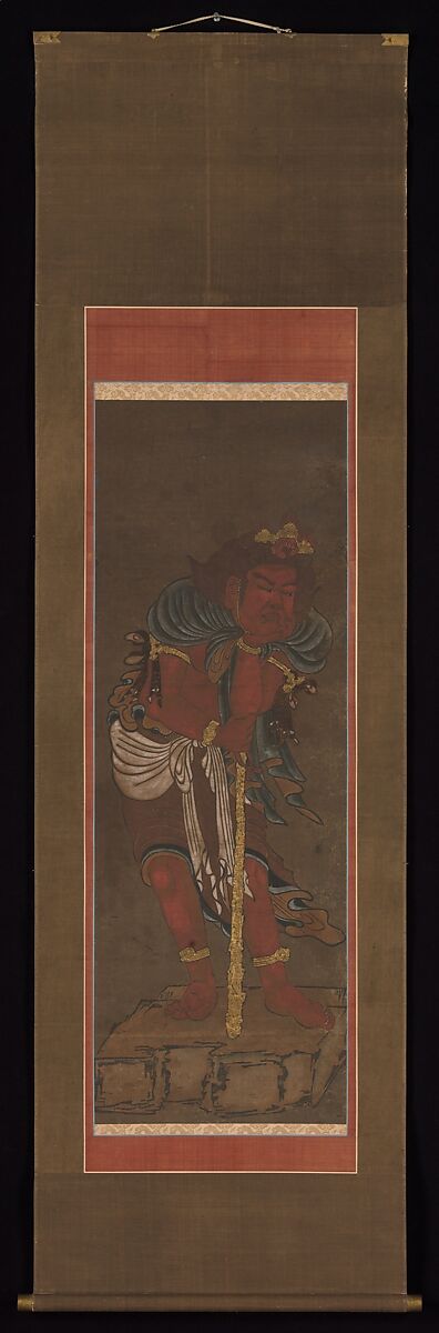 Fudō Myōō and Two Attendants, After Ryūshū Shūtaku (Myōtaku) (Japanese, 1307–1388), One of a triptych of hanging scrolls; hand-colored woodblock print on paper, Japan