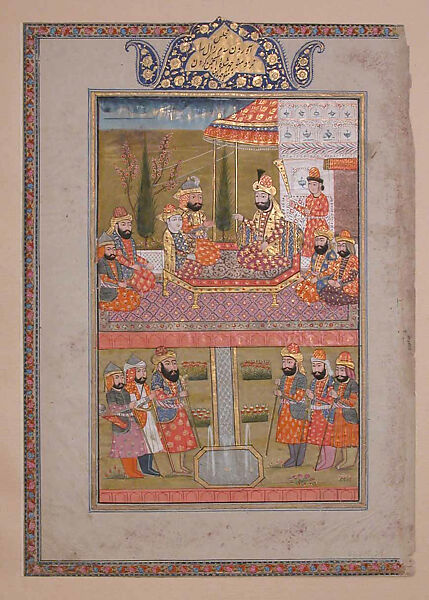 "Sam and Zal before Manuchihr", Folio from a Shahnama (Book of Kings), Abu'l Qasim Firdausi (Iranian, Paj ca. 940/41–1020 Tus), Ink, opaque watercolor, silver, and gold on paper