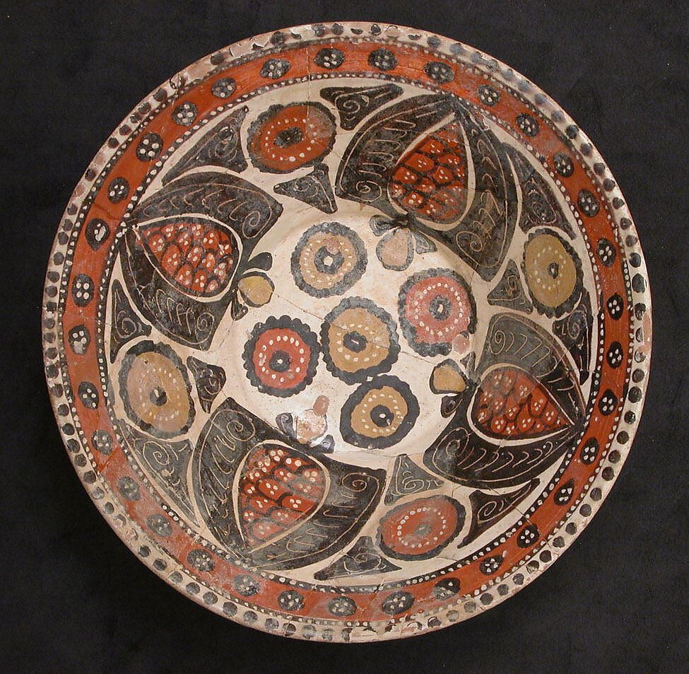 Bowl, Earthenware; buff slip, polychrome slip decoration, sgraffito decoration, transparent glaze 