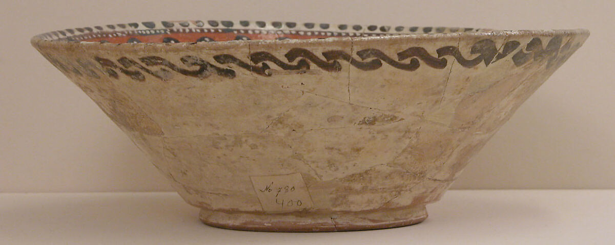 Bowl, Earthenware; buff slip, polychrome slip decoration, sgraffito decoration, transparent glaze