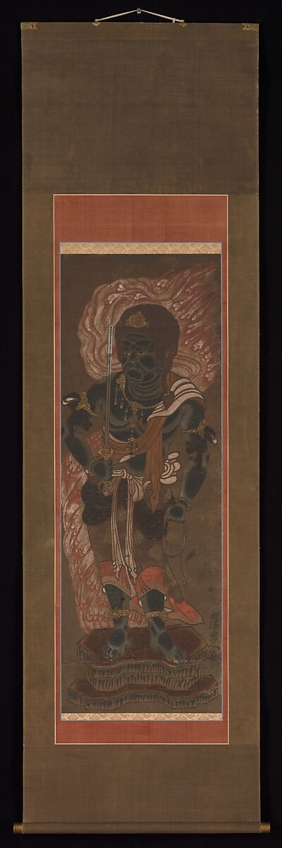 Fudō Myōō and Two Attendants, After Ryūshū Shūtaku (Myōtaku) (Japanese, 1307–1388), One of a triptych of hanging scrolls; hand-colored woodblock print on paper, Japan