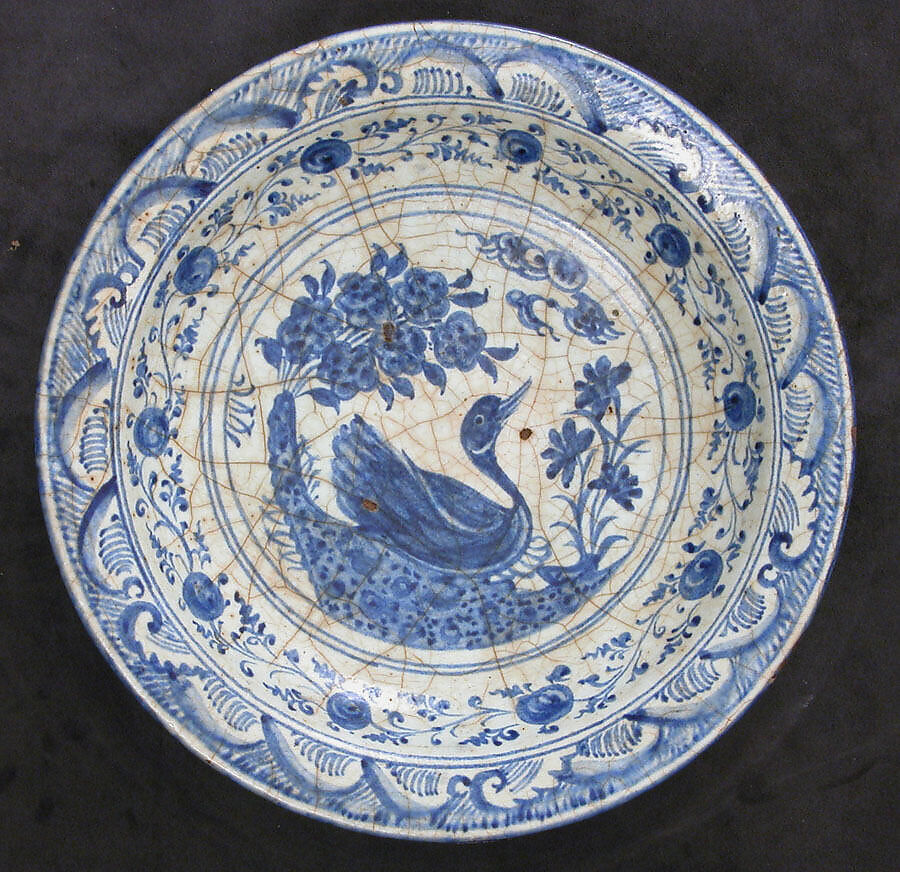 Dish with a Swimming Duck, Stonepaste; painted in blue under transparent glaze (Kubachi ware)