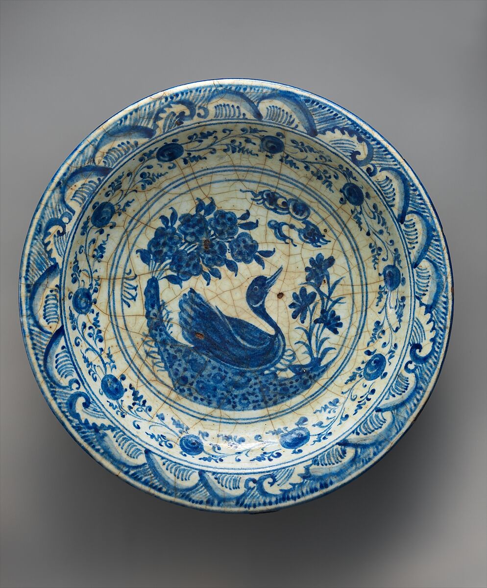 Dish with a Swimming Duck, Stonepaste; painted in blue under transparent glaze (Kubachi ware) 