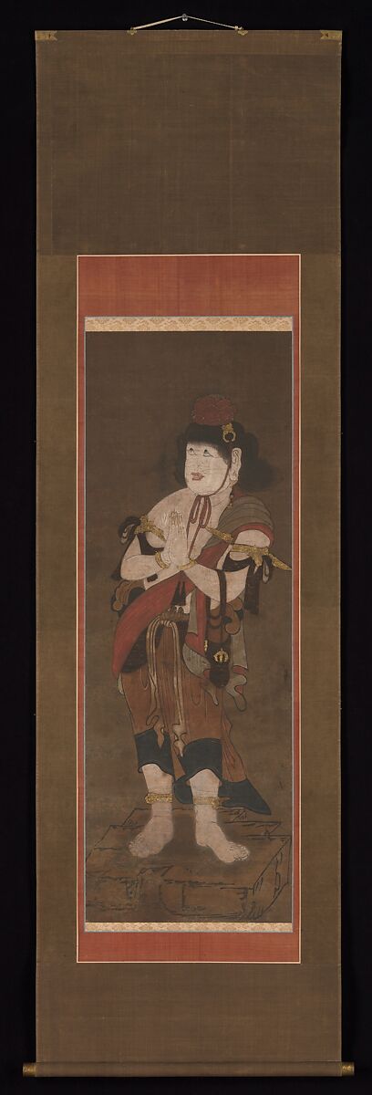 Fudō Myōō and Two Attendants, After Ryūshū Shūtaku (Myōtaku) (Japanese, 1307–1388), One of a triptych of hanging scrolls; hand-colored woodblock print on paper, Japan