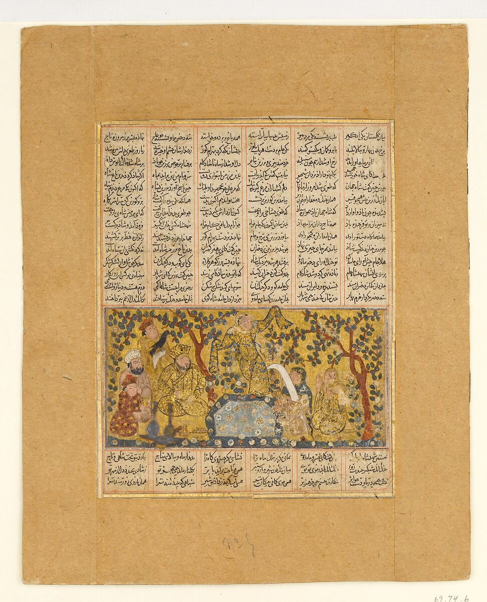 "Bahram Gur Entertained by the Daughters of Barzin", Folio from a Shahnama (Book of Kings), Abu&#39;l Qasim Firdausi (Iranian, Paj ca. 940/41–1020 Tus), Ink, opaque watercolor, silver, and gold on paper 