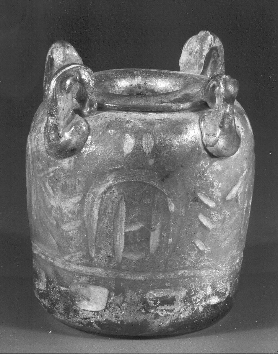 Inkwell with Cut Decoration, Glass, greenish; blown, applied lip and handles, cut