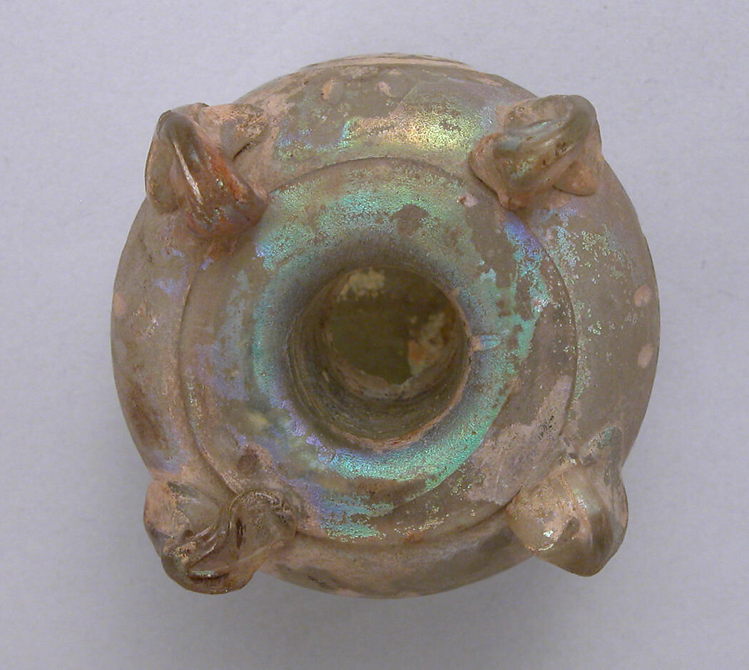 Inkwell with Cut Decoration, Glass, greenish; blown, applied lip and handles, cut