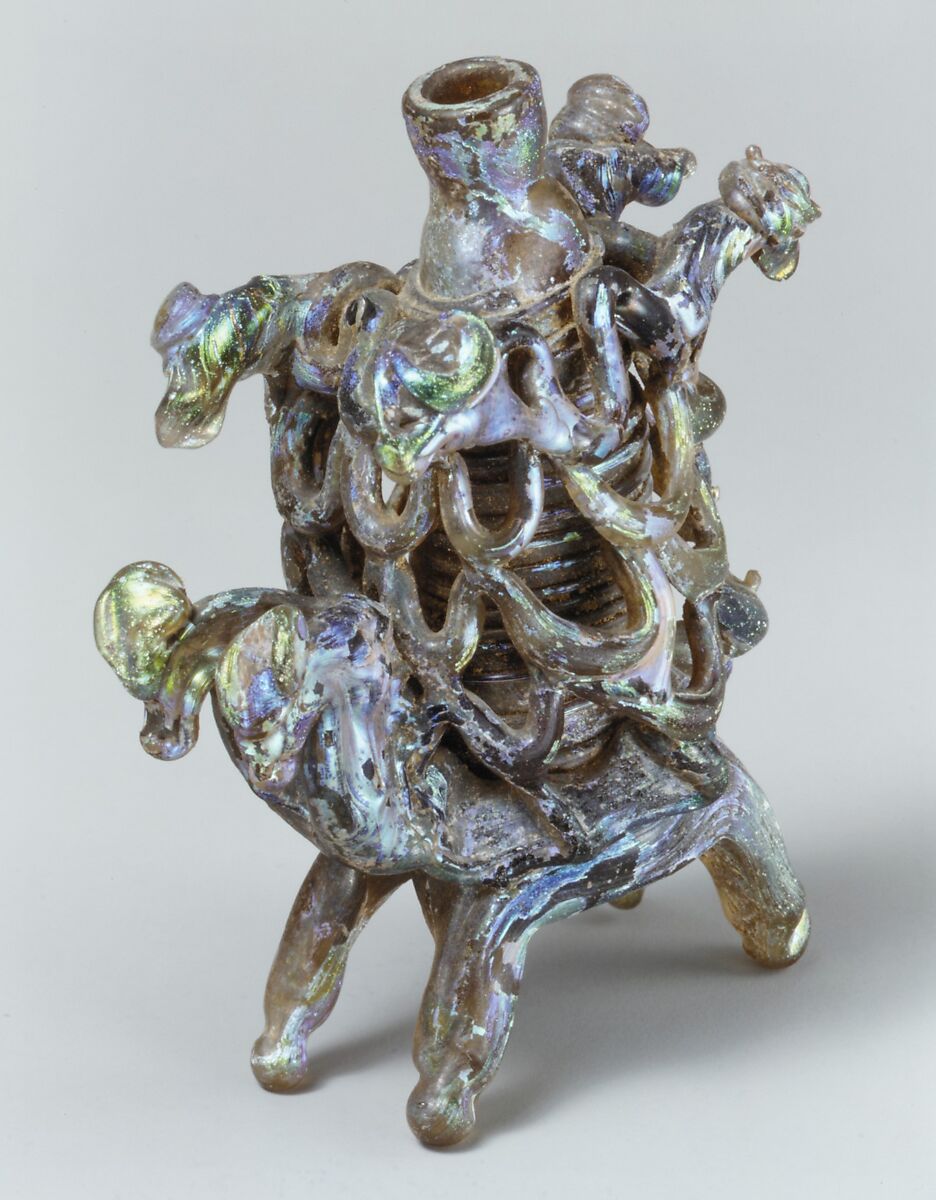 Animal Flask, Glass, amber-colored; blown, applied decoration