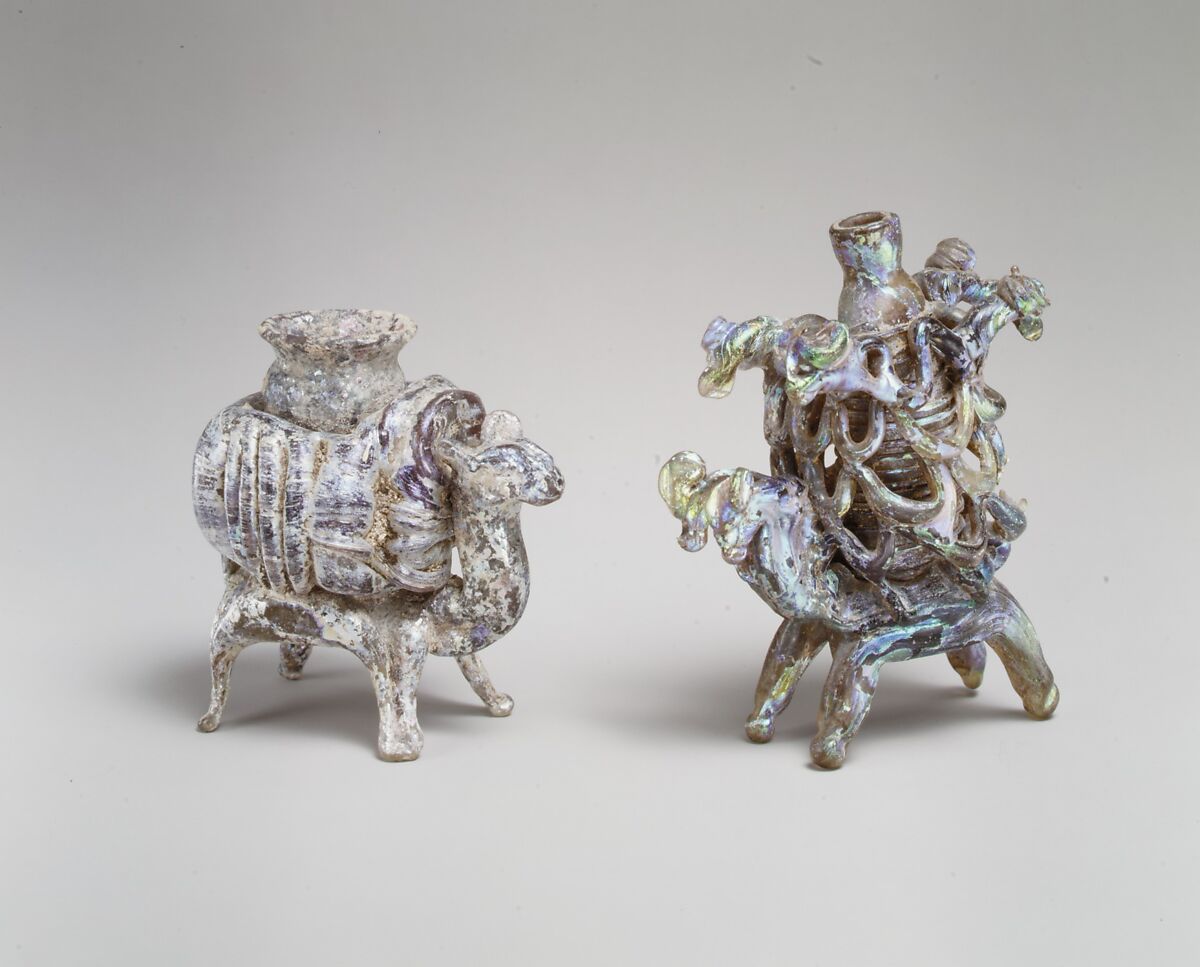 Animal Flask, Glass, amber-colored; blown, applied decoration