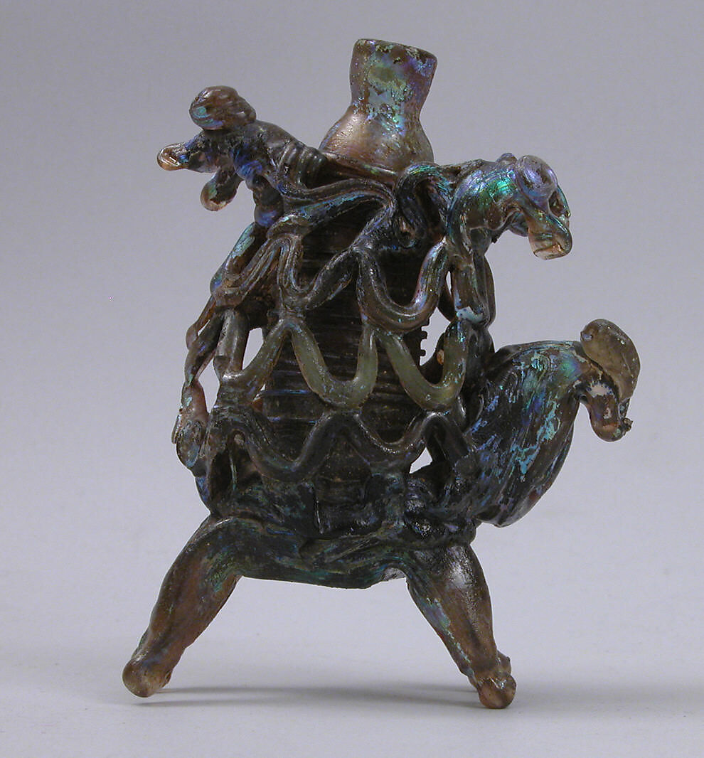 Animal Flask, Glass, amber-colored; blown, applied decoration