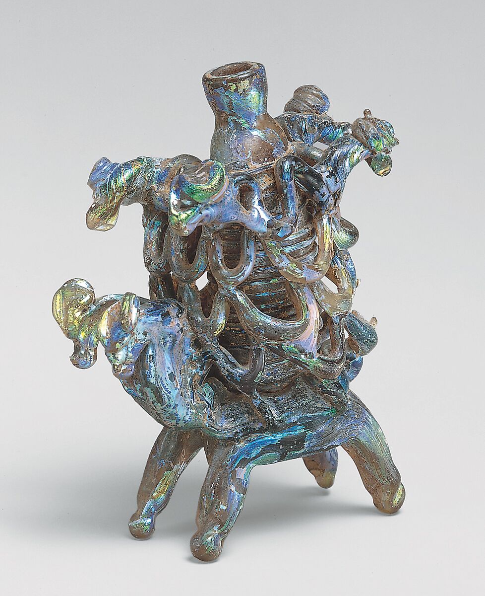 Animal Flask, Glass, amber-colored; blown, applied decoration