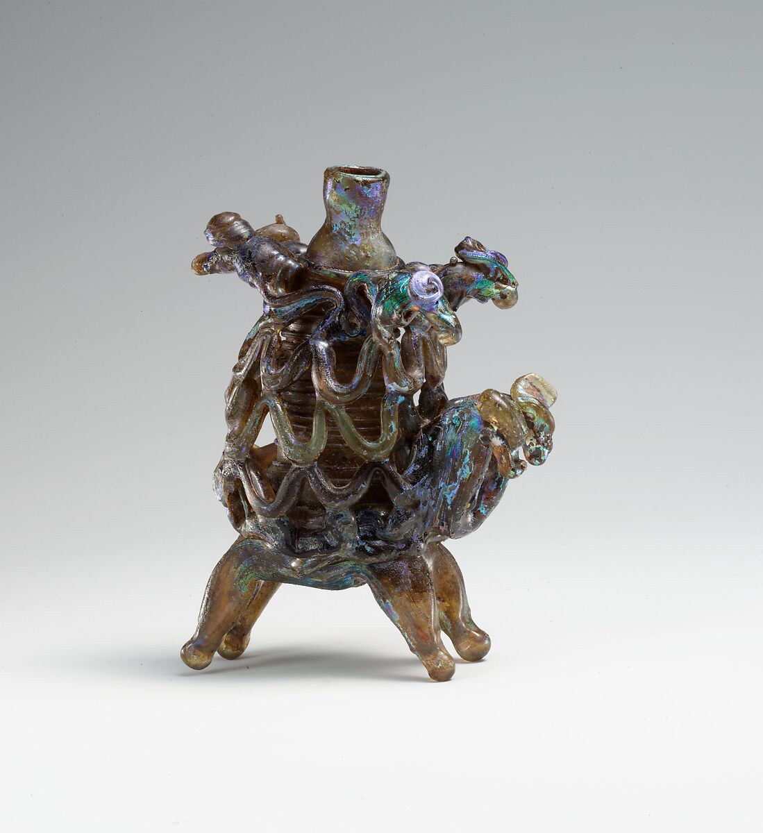 Animal Flask, Glass, amber-colored; blown, applied decoration 