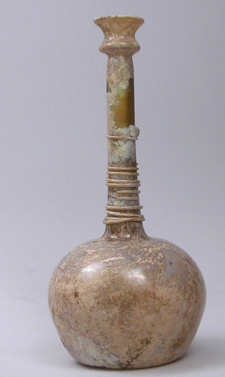 Bottle, Glass; free blown, applied decoration, tooled on the pontil 