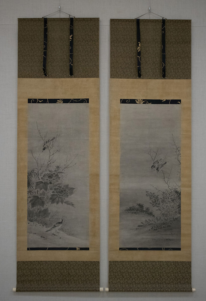 Birds and Flowers, Attributed to Kano Yukinobu 狩野之信 (Japanese, ca. 1513–1575), Diptych of hanging scrolls; ink on paper, Japan 