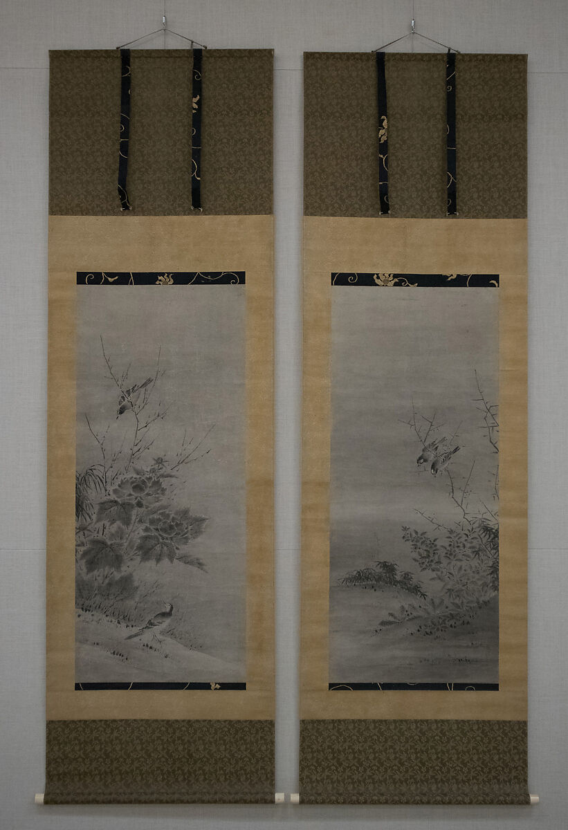 Birds and Flowers, Kano Yukinobu 狩野之信  Japanese, Diptych of hanging scrolls; ink on paper, Japan