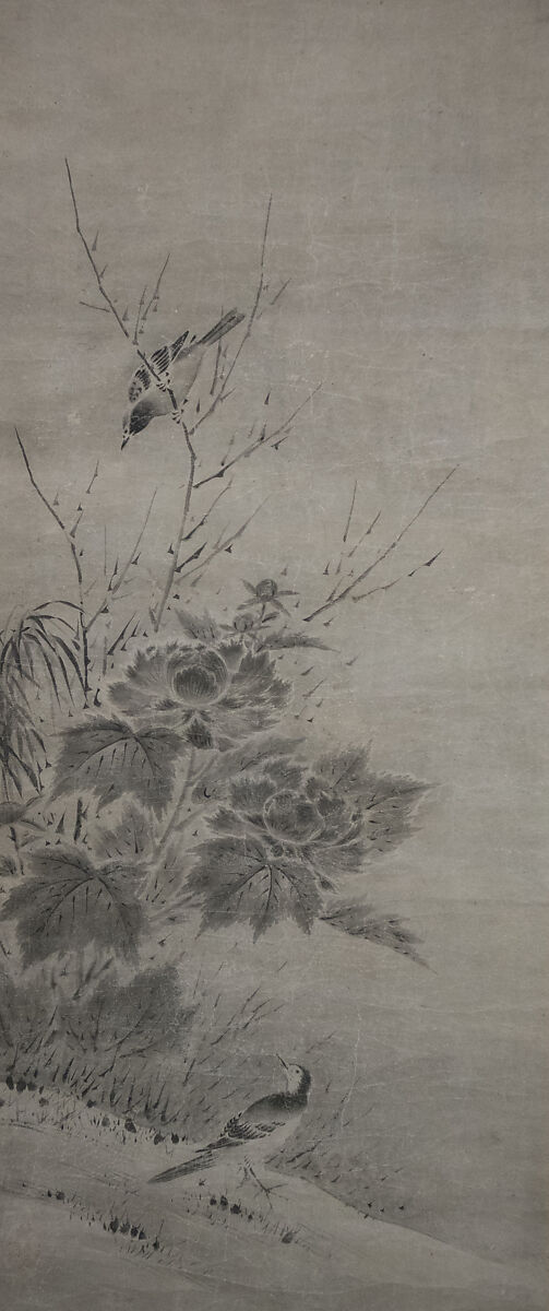 Birds and Flowers, Attributed to Kano Yukinobu 狩野之信 (Japanese, ca. 1513–1575), Diptych of hanging scrolls; ink on paper, Japan