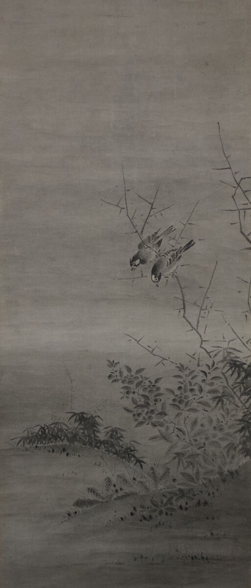 Birds and Flowers, Attributed to Kano Yukinobu 狩野之信 (Japanese, ca. 1513–1575), Diptych of hanging scrolls; ink on paper, Japan