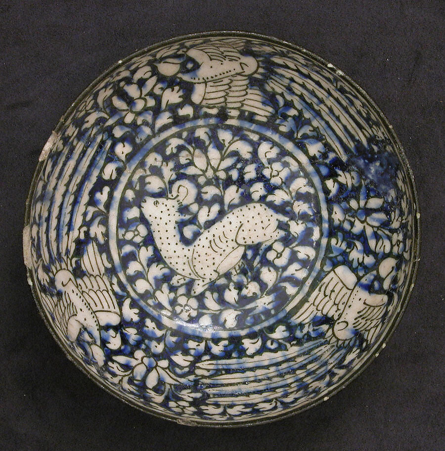 Bowl with Deer and Phoenix Motifs, Stonepaste; blue and black painted under transparent glaze (Sultanabad ware) 