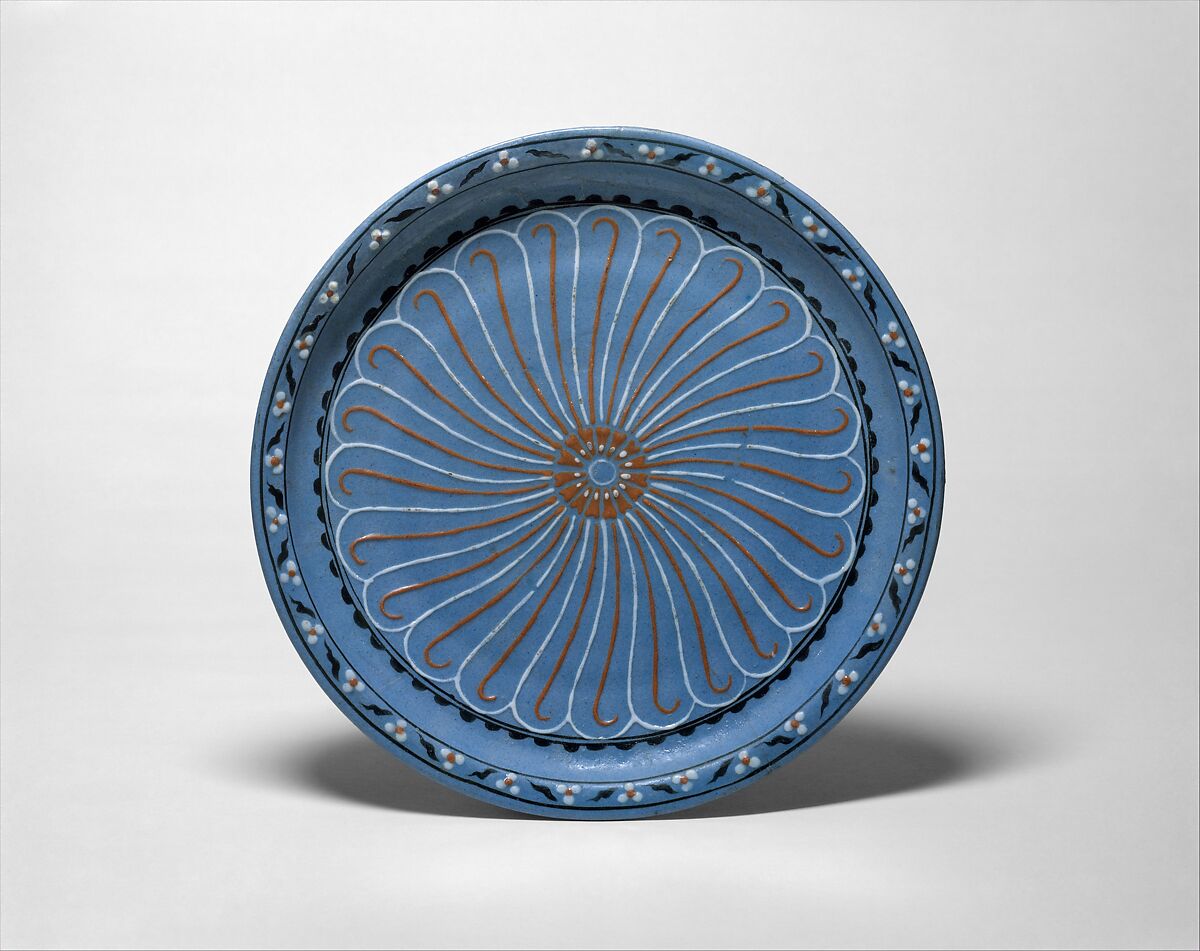 Blue-ground Dish with Floral and 'Cintamani' Designs, Stonepaste; colored slip and polychrome painted