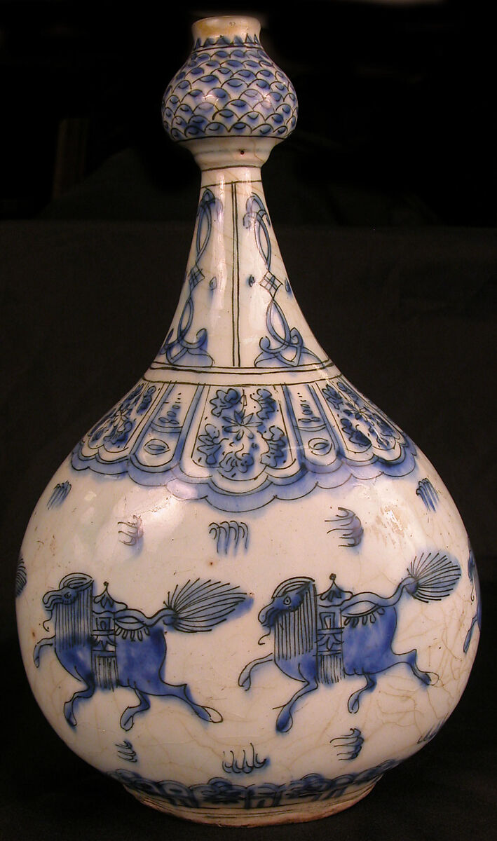 Bottle with Running Quadrupeds, Stonepaste; painted in blue under transparent glaze 