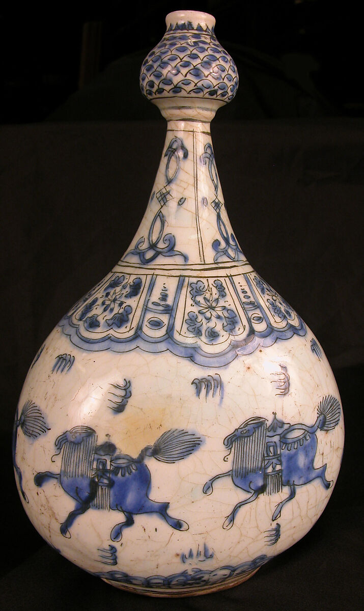 Bottle with Running Quadrupeds, Stonepaste; painted in blue under transparent glaze