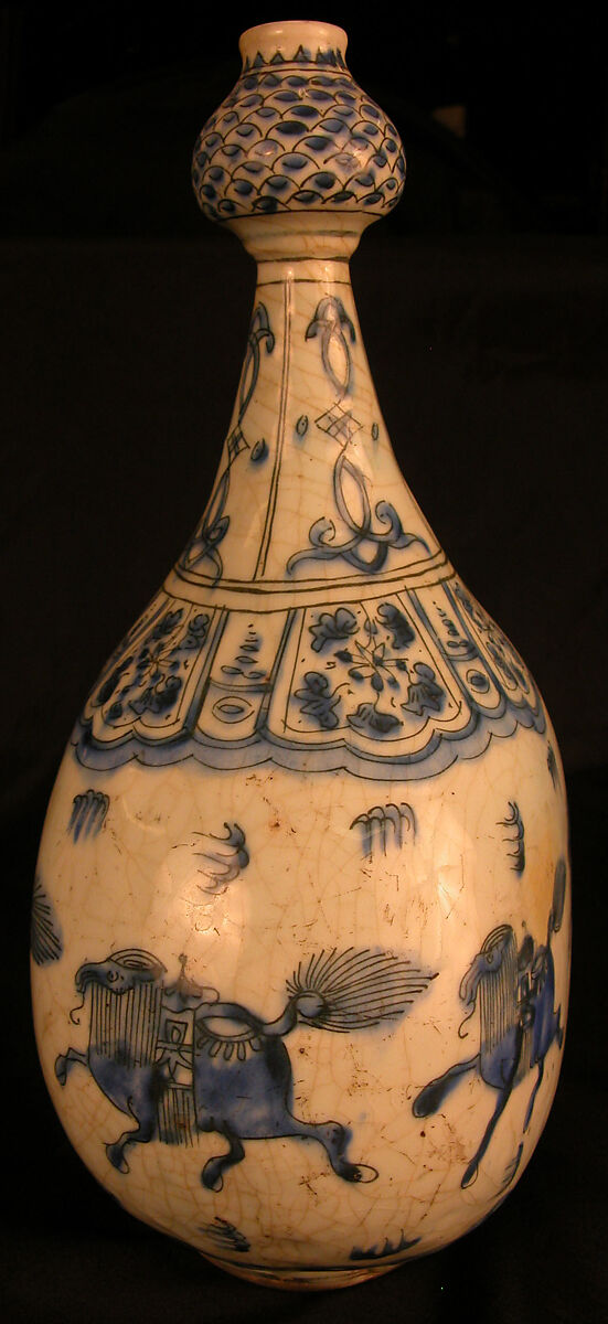 Bottle with Running Quadrupeds, Stonepaste; painted in blue under transparent glaze