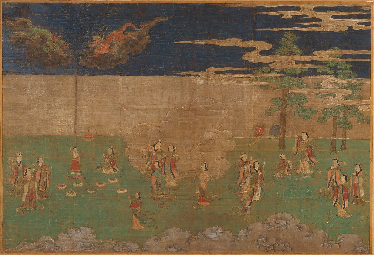 Scene from the Life of the Buddha, Section of a wall panel mounted as a hanging scroll; ink, color, and gold on silk, Japan
