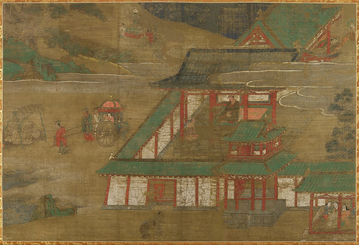 Scene from the Life of the Buddha, Section of a wall panel mounted as a hanging scroll; ink, color, and gold on silk, Japan