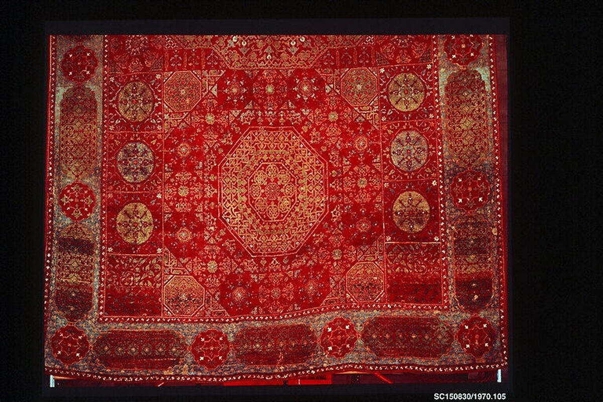 Five Medallion Carpet, Wool (warp, weft, and pile); asymmetrically knotted pile