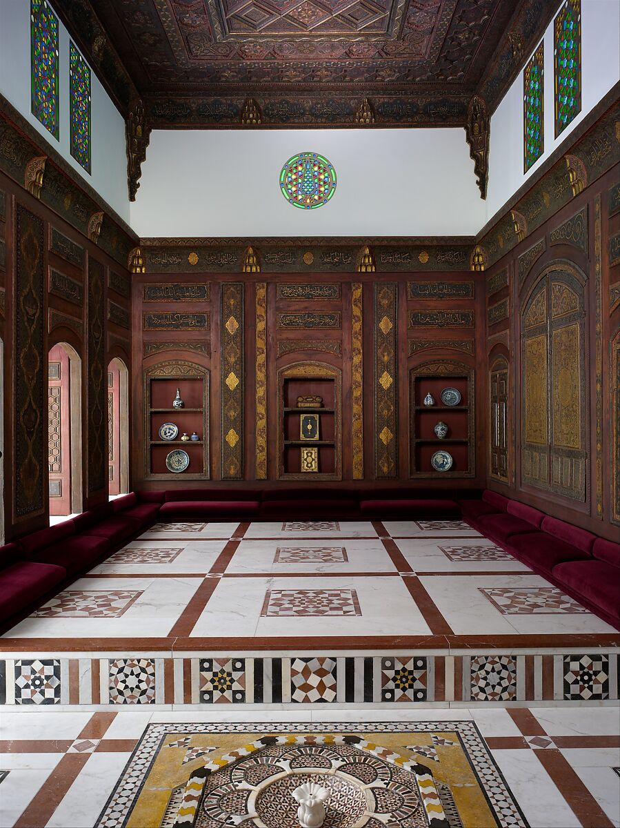 Damascus Room, Wood (poplar) with gesso relief, gold and tin leaf, glazes and paint; wood (cypress, poplar, and mulberry), mother-of-pearl, marble and other stones, stucco with glass, plaster ceramic tiles, iron, brass 