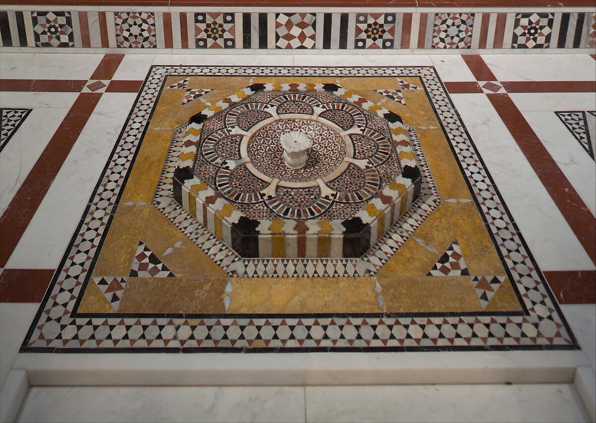 Damascus Room, Wood (poplar) with gesso relief, gold and tin leaf, glazes and paint; wood (cypress, poplar, and mulberry), mother-of-pearl, marble and other stones, stucco with glass, plaster ceramic tiles, iron, brass