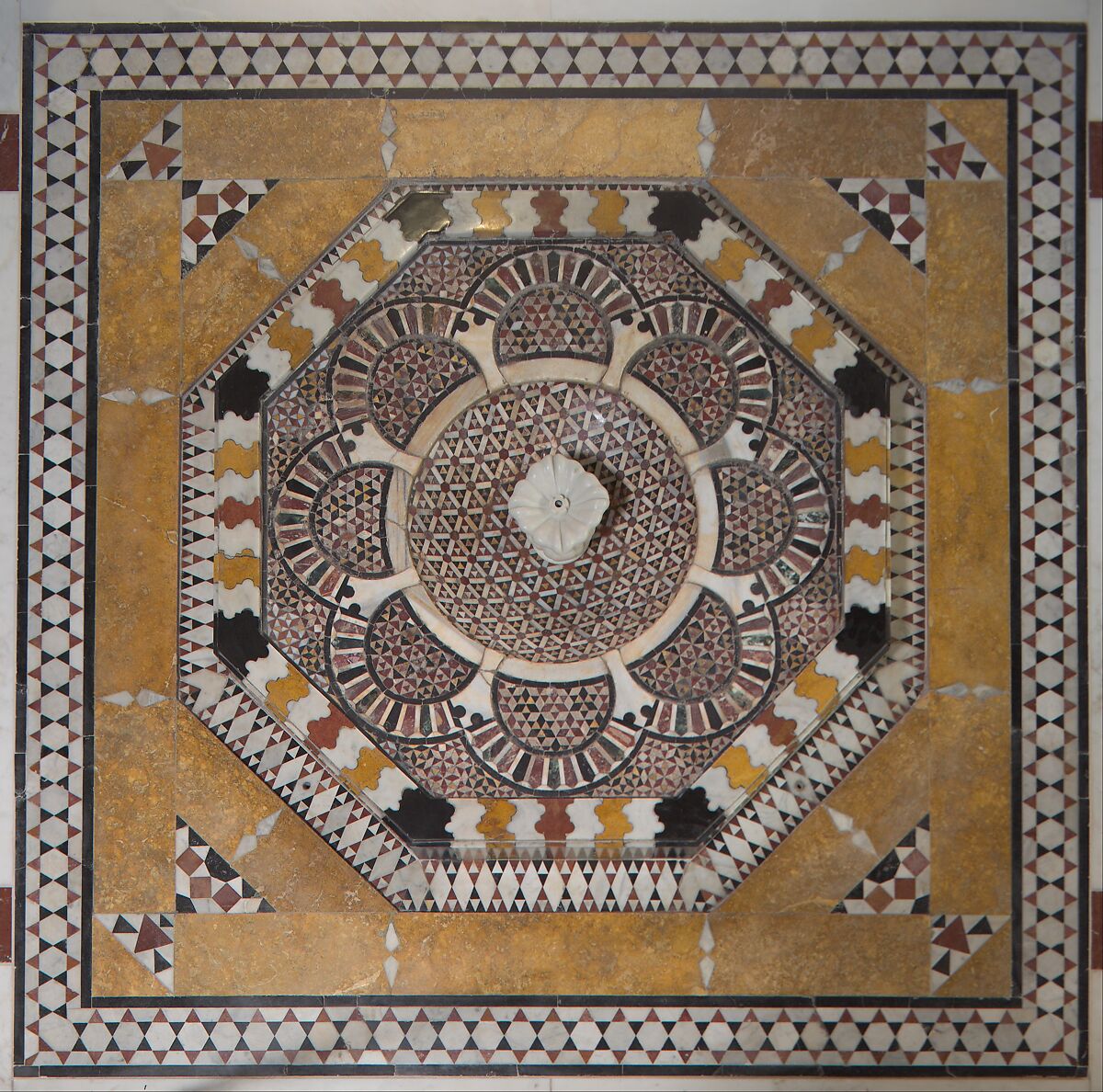 Damascus Room, Wood (poplar) with gesso relief, gold and tin leaf, glazes and paint; wood (cypress, poplar, and mulberry), mother-of-pearl, marble and other stones, stucco with glass, plaster ceramic tiles, iron, brass