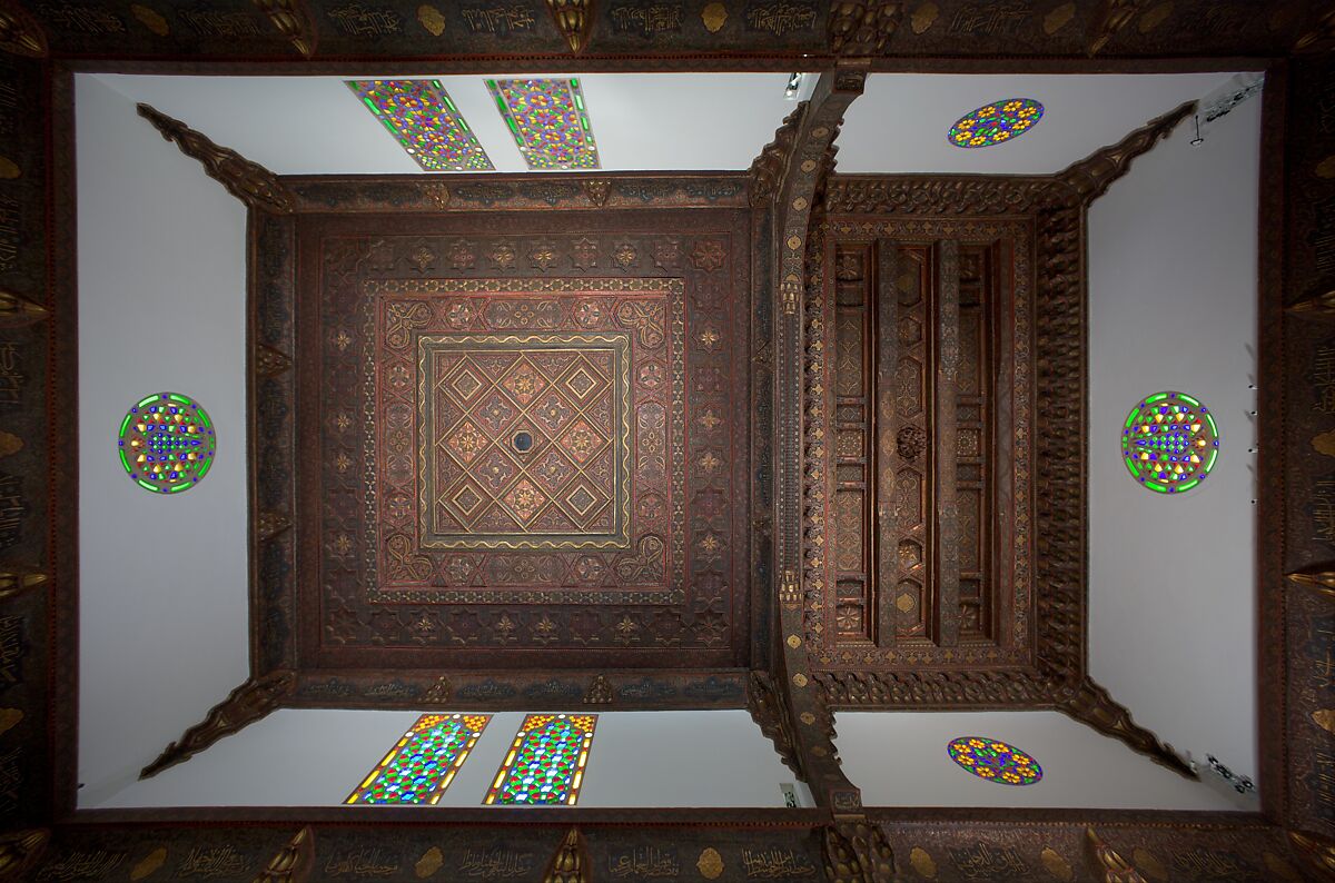 Damascus Room, Wood (poplar) with gesso relief, gold and tin leaf, glazes and paint; wood (cypress, poplar, and mulberry), mother-of-pearl, marble and other stones, stucco with glass, plaster ceramic tiles, iron, brass