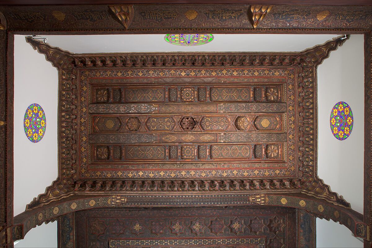 Damascus Room, Wood (poplar) with gesso relief, gold and tin leaf, glazes and paint; wood (cypress, poplar, and mulberry), mother-of-pearl, marble and other stones, stucco with glass, plaster ceramic tiles, iron, brass