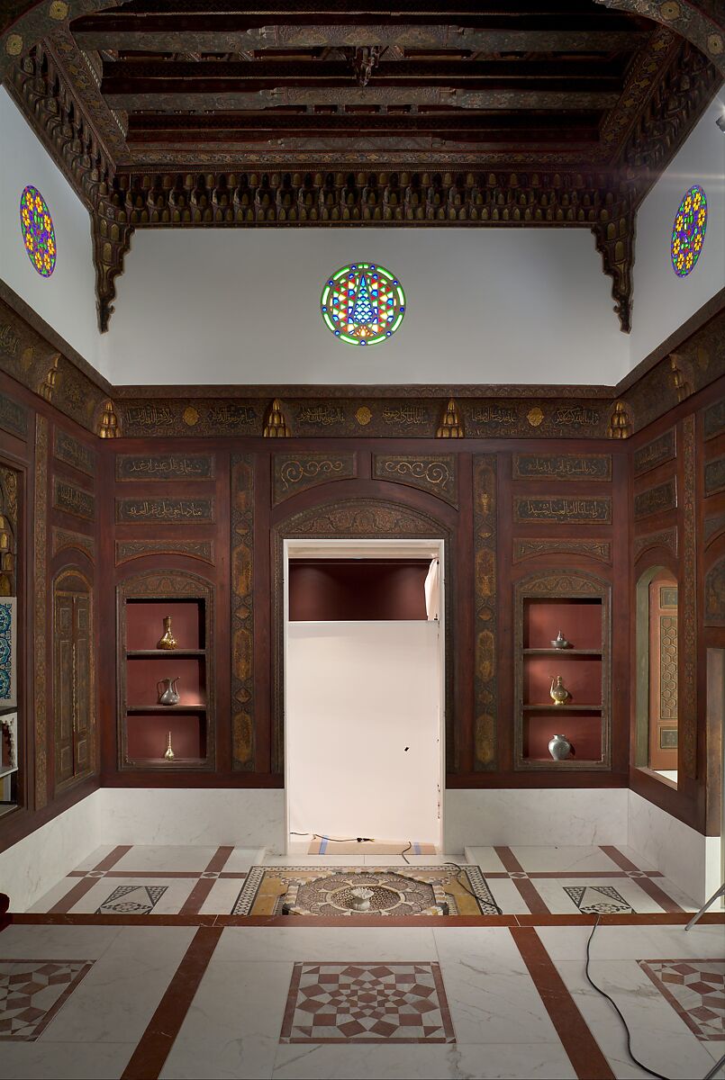 Damascus Room, Wood (poplar) with gesso relief, gold and tin leaf, glazes and paint; wood (cypress, poplar, and mulberry), mother-of-pearl, marble and other stones, stucco with glass, plaster ceramic tiles, iron, brass