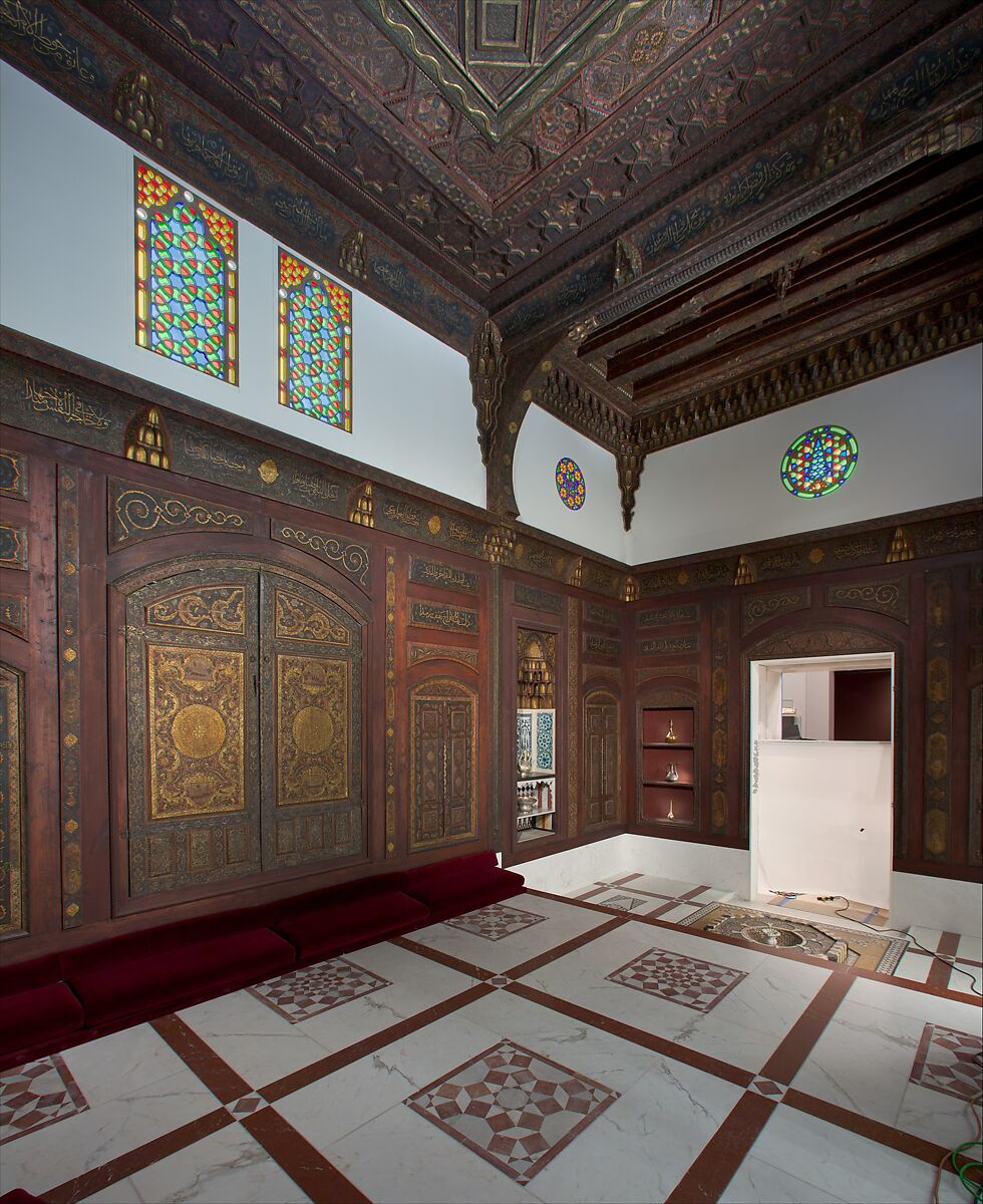 Damascus Room, Wood (poplar) with gesso relief, gold and tin leaf, glazes and paint; wood (cypress, poplar, and mulberry), mother-of-pearl, marble and other stones, stucco with glass, plaster ceramic tiles, iron, brass