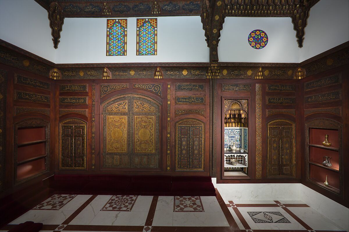 Damascus Room, Wood (poplar) with gesso relief, gold and tin leaf, glazes and paint; wood (cypress, poplar, and mulberry), mother-of-pearl, marble and other stones, stucco with glass, plaster ceramic tiles, iron, brass