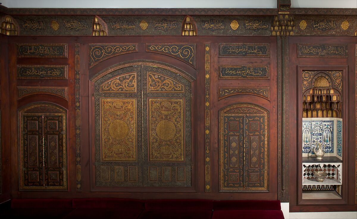Damascus Room, Wood (poplar) with gesso relief, gold and tin leaf, glazes and paint; wood (cypress, poplar, and mulberry), mother-of-pearl, marble and other stones, stucco with glass, plaster ceramic tiles, iron, brass