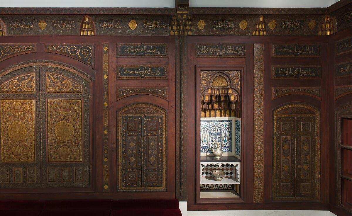 Damascus Room, Wood (poplar) with gesso relief, gold and tin leaf, glazes and paint; wood (cypress, poplar, and mulberry), mother-of-pearl, marble and other stones, stucco with glass, plaster ceramic tiles, iron, brass