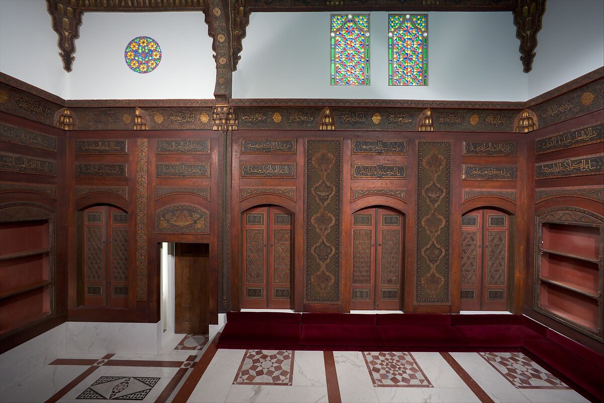 Damascus Room, Wood (poplar) with gesso relief, gold and tin leaf, glazes and paint; wood (cypress, poplar, and mulberry), mother-of-pearl, marble and other stones, stucco with glass, plaster ceramic tiles, iron, brass