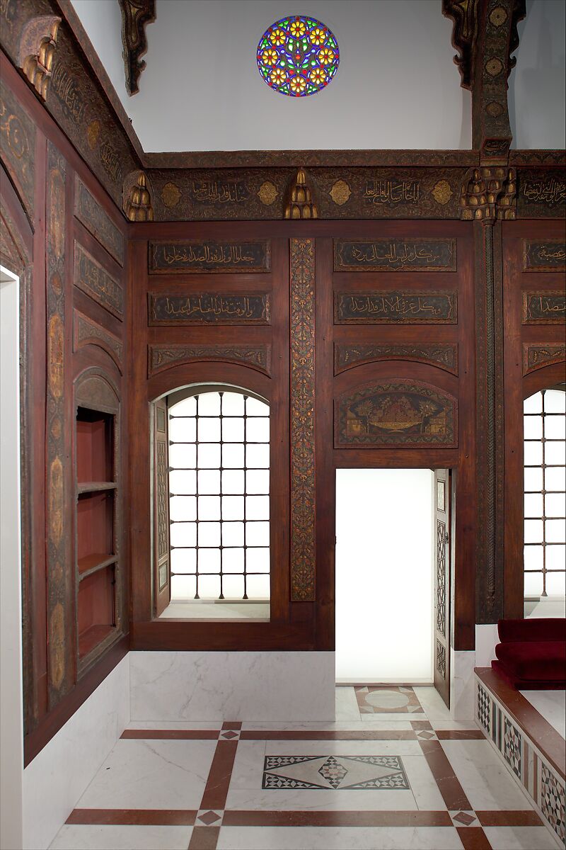 Damascus Room, Wood (poplar) with gesso relief, gold and tin leaf, glazes and paint; wood (cypress, poplar, and mulberry), mother-of-pearl, marble and other stones, stucco with glass, plaster ceramic tiles, iron, brass