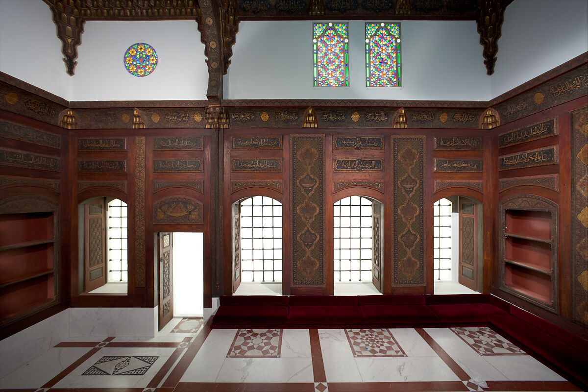 Damascus Room, Wood (poplar) with gesso relief, gold and tin leaf, glazes and paint; wood (cypress, poplar, and mulberry), mother-of-pearl, marble and other stones, stucco with glass, plaster ceramic tiles, iron, brass